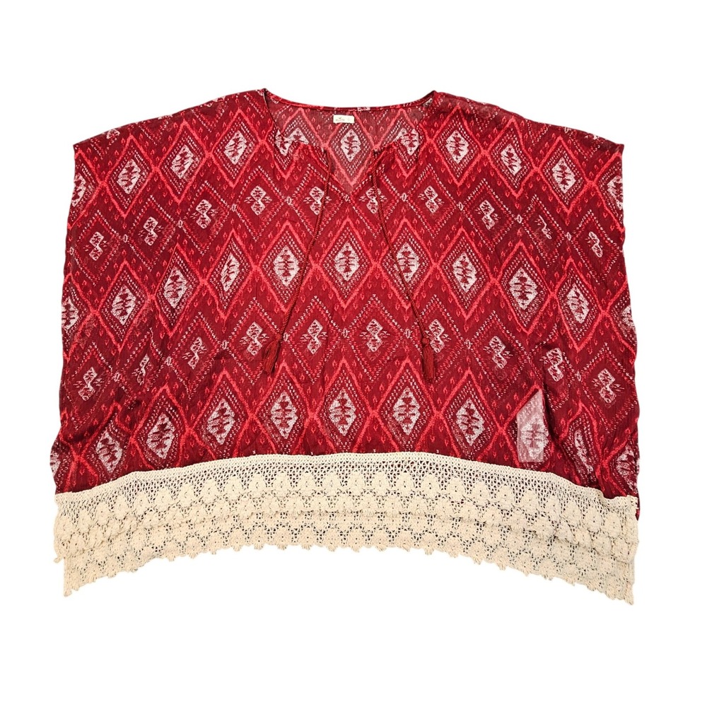 Hollister Poncho Top Womens Small Red Ikat Print Crochet Lace Trim Tassel Boho